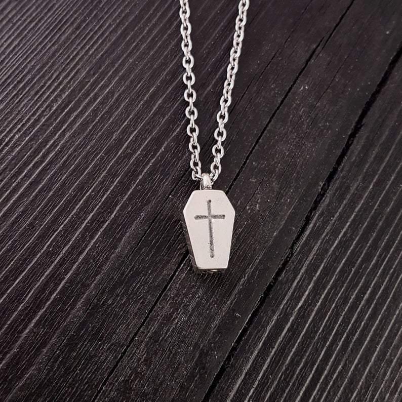 Coffin Cremation Urn Charm Necklace Silver Plated White Bronze - Moon Raven Designs